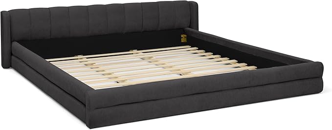 DEINPPA King Size Bed Frame with Cloud Soft Headboard, Chenille Upholstered Grounded Wood Base Bed Frame, No Box Spring Needed-Dark Grey