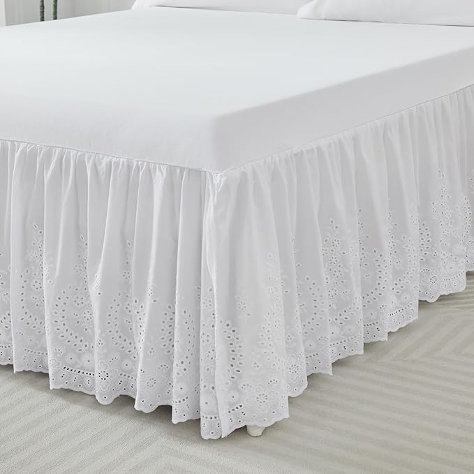 Brandream White Eyelet Bed Skirt King Size 100% Cotton Ruffled Dust Ruffle Bed Skirt 18 Inch Drop with Embroidered Floral Design Queen Size Beds