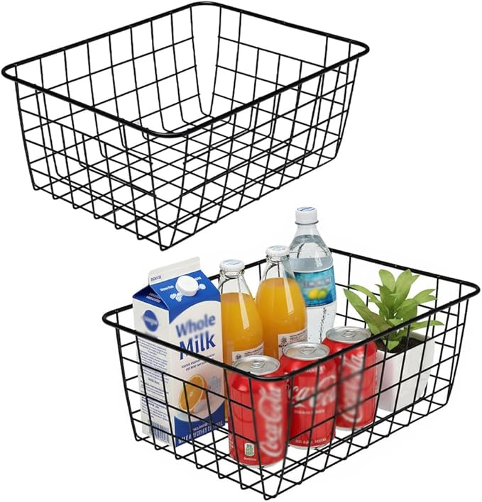 LeleCAT Wire Baskets with Handles Wire Storage Organizer Bin Baskets, Pantry, Closets, Bedrooms - Set of 2（Black）