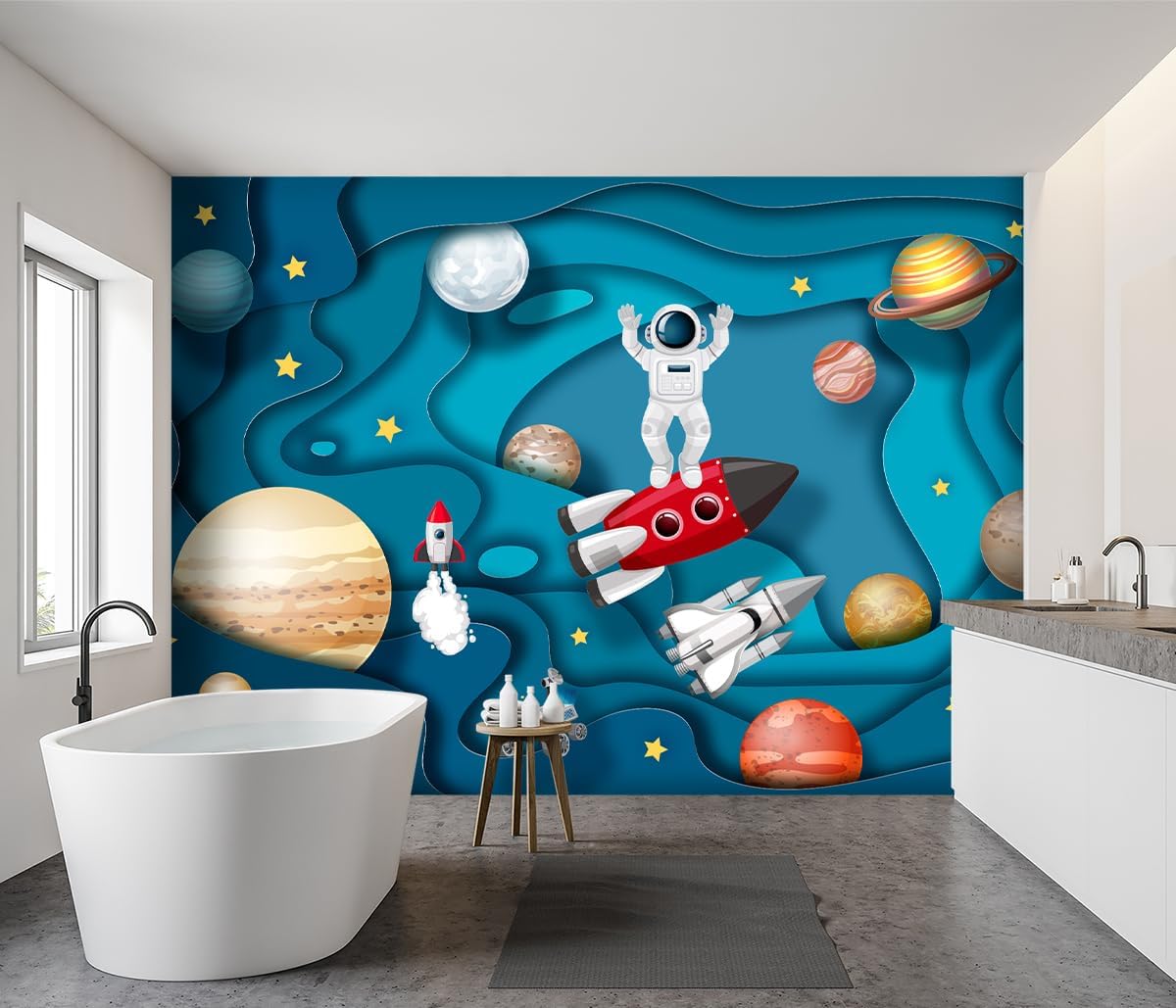 -Kindergarten Children Galactic Planet Fabric Wallpaper Living Room Bedroom Boys Girls Children Cartoon Astronauts Large Mural- 137"x96"（ not Peel and Stick）