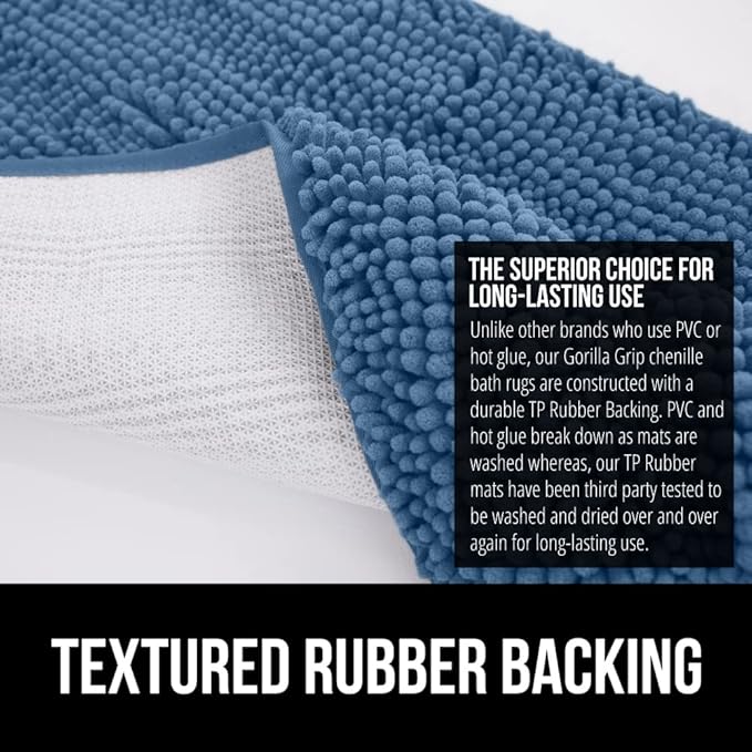 GORILLA GRIP Bath Rug Mat 30x20, Thick Soft Absorbent Chenille, Quick Dry Microfiber Mats, Rubber Backing Washable Shower Floor Rugs, Bathmat Runner, US Designed Bathroom Home Decor Accessories Blue