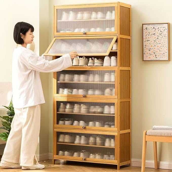 Bamboo Shoe Cabinet with Acrylic Door,10-Tier Shoe Storage Rack, 40-45 Pairs Freestanding Shoe Rack, Entrance Shoe Cabinet for Hallway Living Room