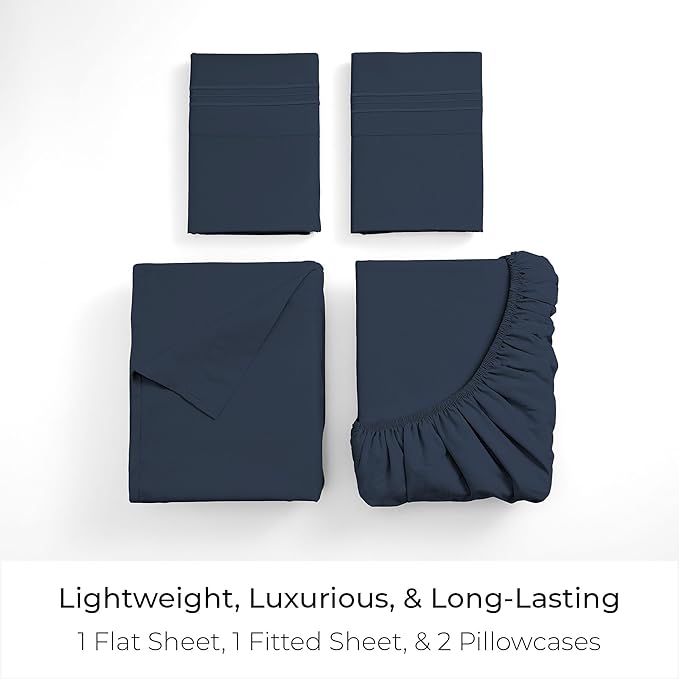 Mellanni Twin XL Sheet Set - 4-Piece Iconic Collection Bedding, (Including 2 Pillowcases), 16-Inch Deep Pocket, Easy Care, Extra Soft, Cooling Sheets, Brushed Microfiber - Navy Blue