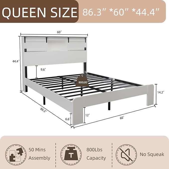 Queen Wood Bed Frame, Sliding Barn Door Storage Headboard with LED Lights and Charging Station, Farmhouse Wood Platform Bed with Metal Slat Supports, No Box Spring Required, Noiseless, White