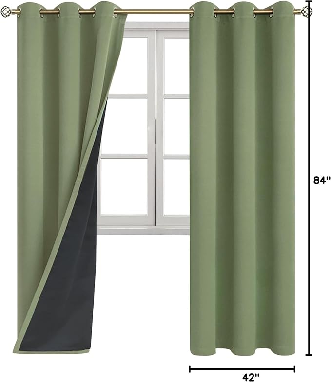 BGment Thermal Insulated 100% Blackout Curtains for Bedroom with Black Liner, Double Layer Full Room Darkening Noise Reducing Grommet Curtain (42 x 84 Inch, Grass Green, 2 Panels)