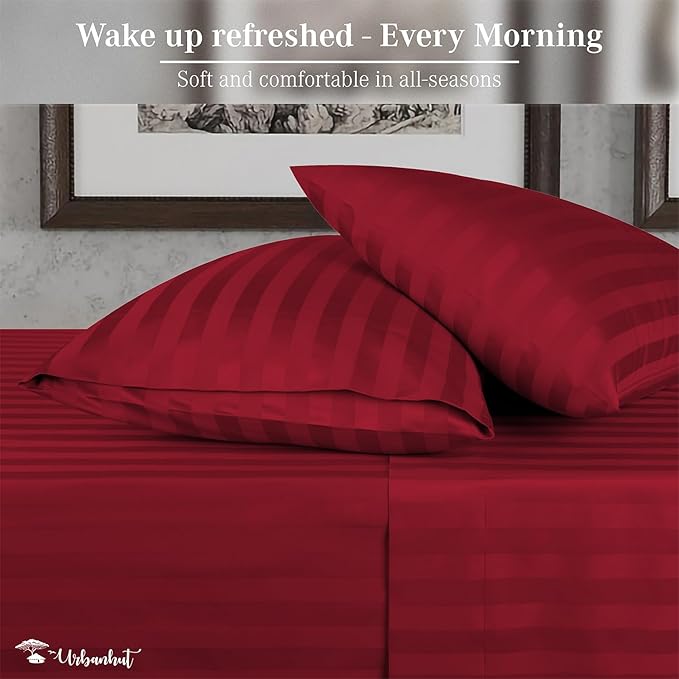 URBANHUT 800 Thread Count 100% Cotton Damask Twin Size Sheets, 4 Piece Striped Twin Size Bedsheets, Luxury Hotel Sheets Sateen Weave - Better Than Egyptian, 14" Elasticized Deep Pocket- Burgundy