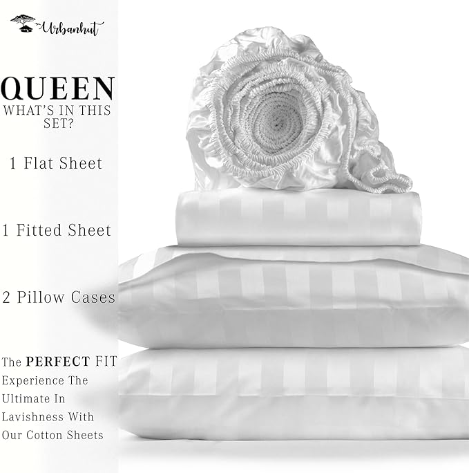 URBANHUT 800 Thread Count 100% Cotton Damask Queen Size Sheets, 4 Piece Striped Queen Size Bedsheets, Luxury Hotel Sheets Sateen Weave - Better Than Egyptian, 16" Elasticized Deep Pocket- White
