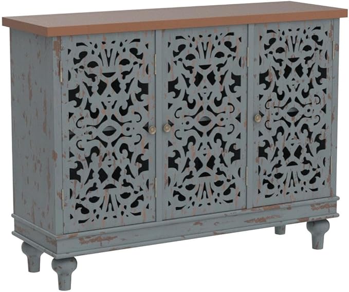 PHI VILLA Accent Cabinet with Doors - Buffet Sideboard Distressed Cupboard for Living Room/Dining Room/Hallway, Blue Storage Cabinet