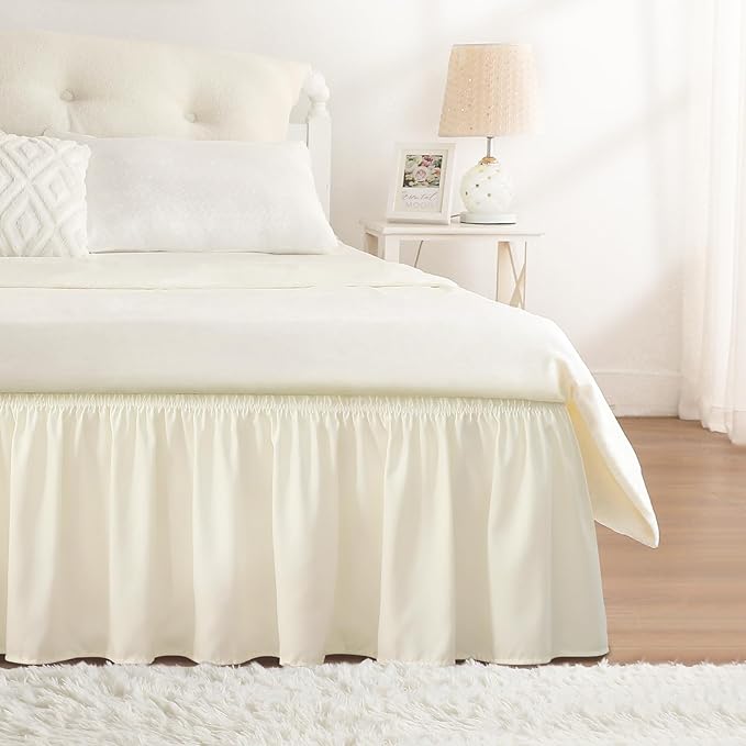 RIMELA Cream Yellow Bed Skirt Twin Size 15 Inch Drop, Elastic Bed Skirting for Bed Base and Frame, Bedding Dust Ruffle Easy to Install, Lightweight Comforter Set with Wrap Around Adjustable Bedskirt
