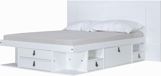 memomad Bali Slim Set: Storage Platform Bed with Drawers + Flat Panel Headboard (Full Size, White Wood)