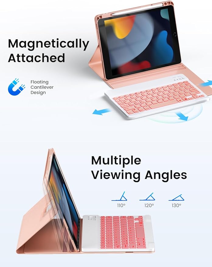 OYEEICE for iPad 9th Generation Case with Keyboard - Detachable Backlit Keyboard - Rotatable Cover with Pencil Holder for iPad 9th/8th/7th Gen, iPad Air 3rd Gen & iPad Pro 10.5" - Pink