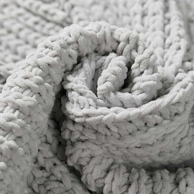 Amélie Home Chevron Chenille Knit Throw Blanket for Couch, Cozy Texture Decorative Soft Blanket for Sofa & Chair, 60"x80", Light Grey