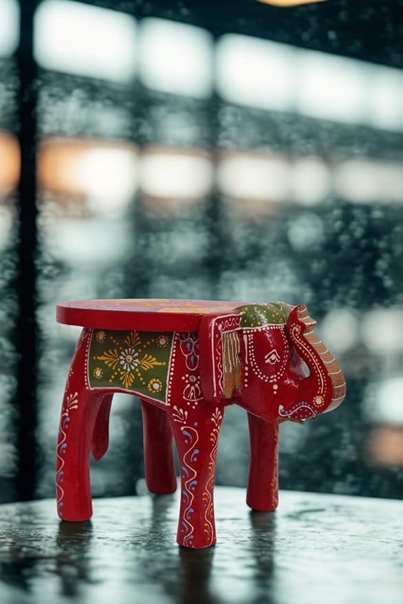 Handcrafted Wooden Elephant Stool, Hand-Painted Accent Table for Living Room, Bedroom & Office Décor (8 in)