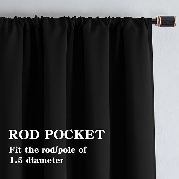 Blackout Curtains 84 Inch Length 2 Panels Set, Black Curtains Thermal Insulated Room Darkening Drapes for Bedroom, Rod Pocket Light Blocking Drapes Living Room Windows(52W × 84L, Black)