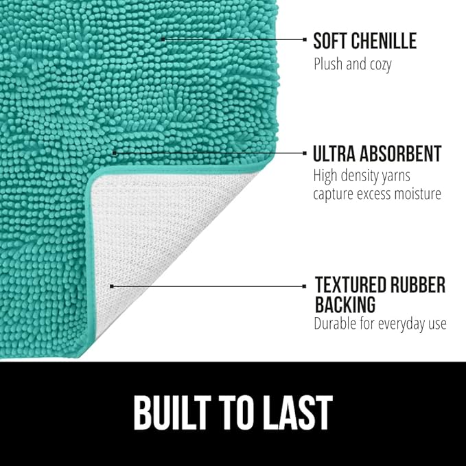 GORILLA GRIP Bath Rug Mat 30x20, Soft Absorbent Chenille, Quick Dry Microfiber Mats, Rubber Backing Washable Shower Floor Rugs, Bathmat Runner, US Designed Bathroom Home Decor Accessories Turquoise