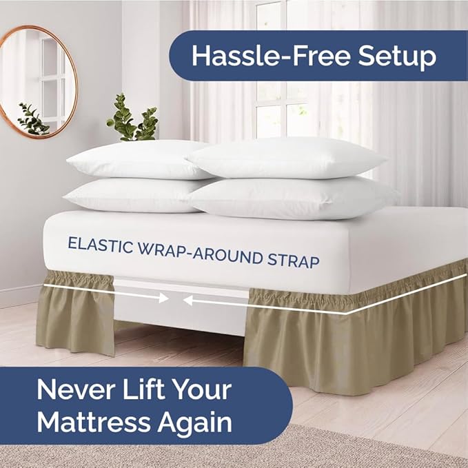 Wrap Around Dust Ruffle Bed Skirt - Khaki - Twin/Twin XL Size Beds w/ 15 Inch Drop - Easy Fit Elastic Strap - Adjustable Pleated Bedskirt w/Brushed Fabric - Wrinkle Free - Women, Men, Kids & Teens