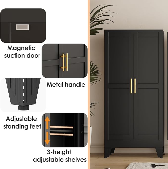 47" Kitchen Pantry Cabinet, Metal Storage Cabinet with 3 Adjustable Layer Shelves, 8 Door Shelves, Buffet Sideboard for Living Room, Kitchen, Black