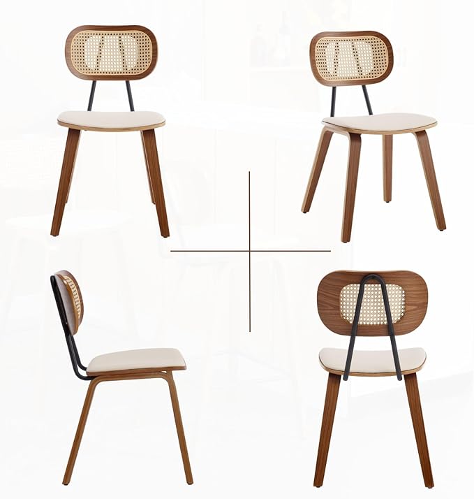 HEAH-YO Modern Dining Chairs Set of 4, Upholstered Faux Leather Dining Room Chairs with Rattan Backrest and Wood Legs, Armless Wood Kitchen Chairs for Dining Room, Beige