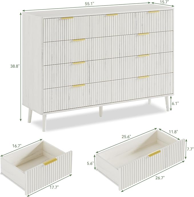 LYNSOM Fluted 9 Drawer Dresser for Bedroom, 55" Wide Modern Chest of Drawers with Curved Profile Design and Metal Handles, Wood Dresser TV Stand & Storage Organizer for Bedroom, Hallway, White