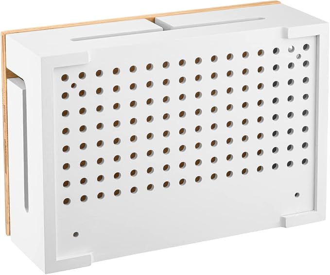 Bamboo Cable Management Box with Magnetic Lid - 12,6x7,9x4.3 in - Durable Cable Organizer to Hide Cords & Power Strip - Wall Mountable - Including Hardware - for Home, Office, Desk & More (White)