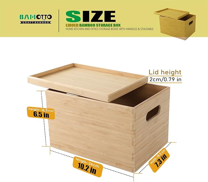 BAMOTTO Lidded Bamboo Storage Bins & Box/Cube/Basket, Home Kitchen and Office Storage Boxes with Handles & Stackable for Organizer Tableware, Clothing, Toys, Office Shelf Books, 10.2”x7.3”x6.5”