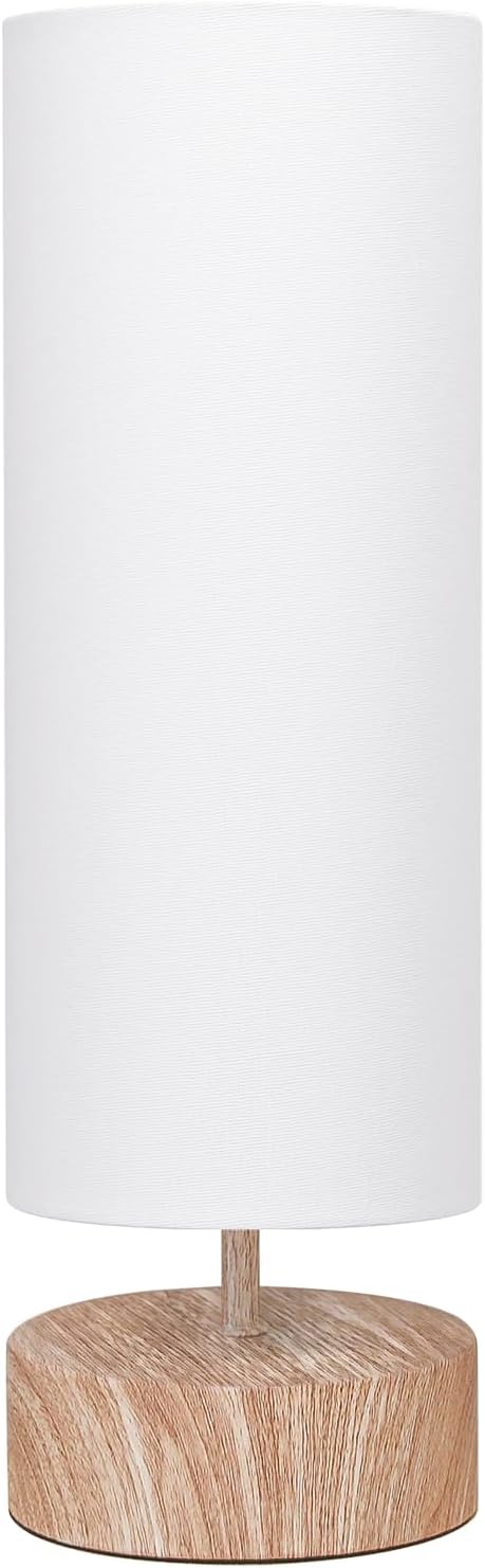 Touch Table Lamp with Metal Base Covered with Wood Grain, 3 Way Dimmable Bedside Nightstand Lamp with White Shade, Simple Night Light for Bedroom Living Room Home Office, LED Bulb Included
