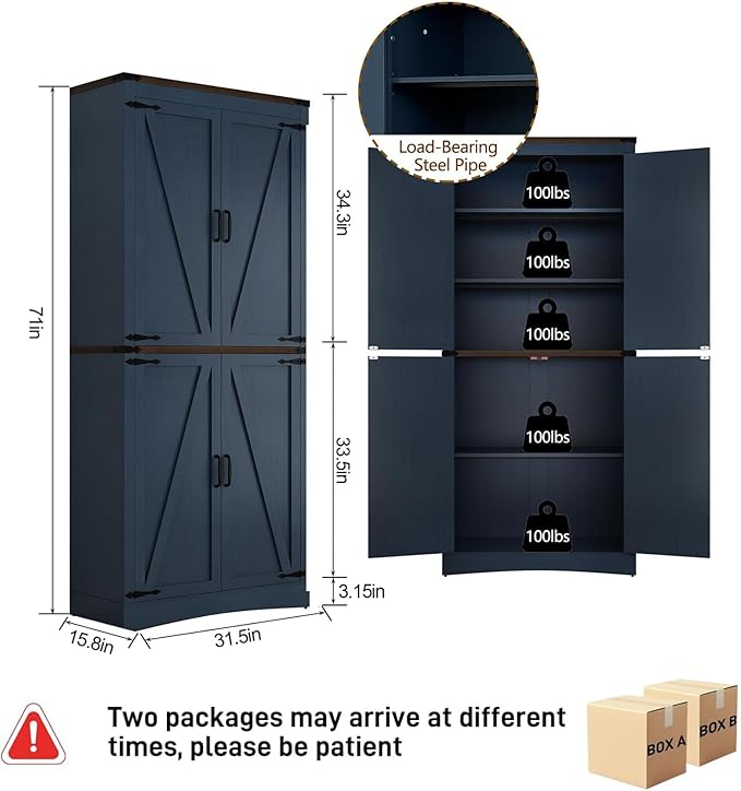 71" Tall Kitchen Pantry,Farmhouse Storage Cabinet with Adjustable Shelves,Load-Bearing Steel Pipe,Farmhouse Pantry Cabinet with 4 Barn Doors,for Kitchen,Dining Room,Living Room(Blue)