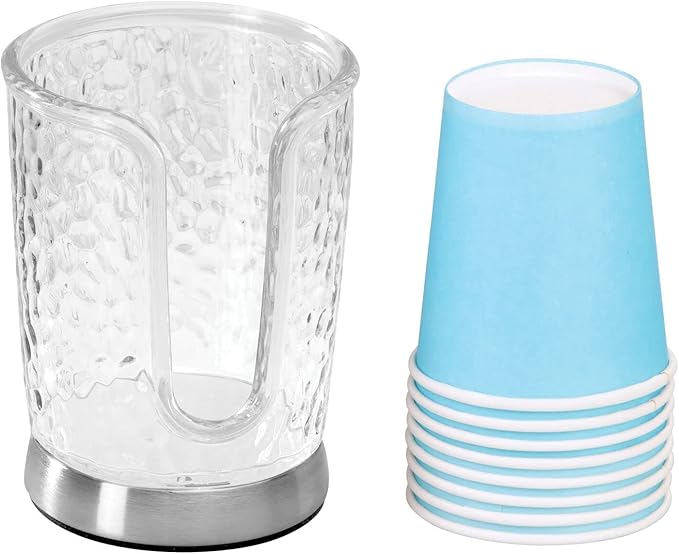 mDesign Plastic/Steel Compact Small Disposable Paper Cup Dispenser Storage Holder for Rinsing Cups on Bathroom Vanity Countertops - Rain Collection - 2 Pack - Clear/Brushed Chrome
