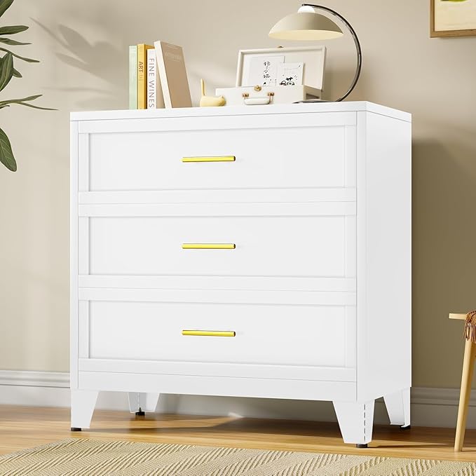 Metal Dresser, White Small Dresser for Bedroom, 34.25" H Dressers & Chests of Drawers, 3 Drawer Dressers for Living Room, Entryway, Hallyway (White, 3 Drawers)