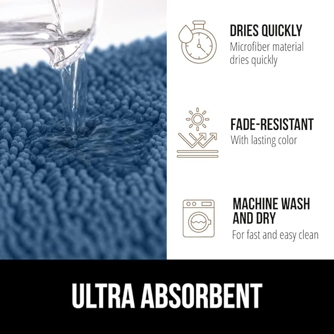 GORILLA GRIP Bath Rug Mat 48x17, Thick Soft Absorbent Chenille, Quick Dry Microfiber Mats, Rubber Backing Washable Shower Floor Rugs, Bathmat Runner, US Designed Bathroom Home Decor Accessories Blue