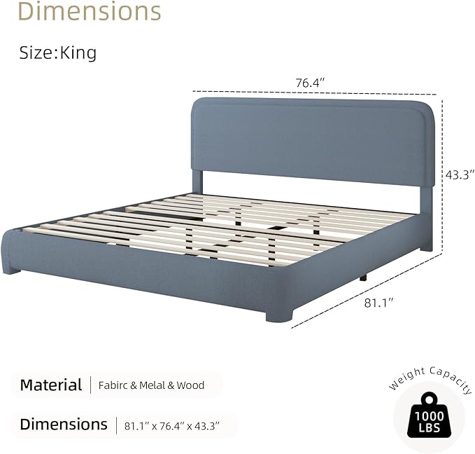 BarnFurin Boucle Upholstered Bed Frame King Size/Cloud Bed Frame/Soft Rounded Corners Headboard/Low Profile/No Box Spring Needed/Blue
