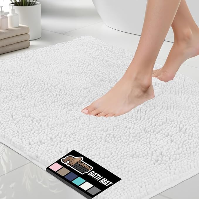 GORILLA GRIP Bath Rug Mat 48x17, Thick Soft Absorbent Chenille, Quick Dry Microfiber Mats, Rubber Backing Washable Shower Floor Rugs, Bathmat Runner, US Designed Bathroom Home Decor Accessories White