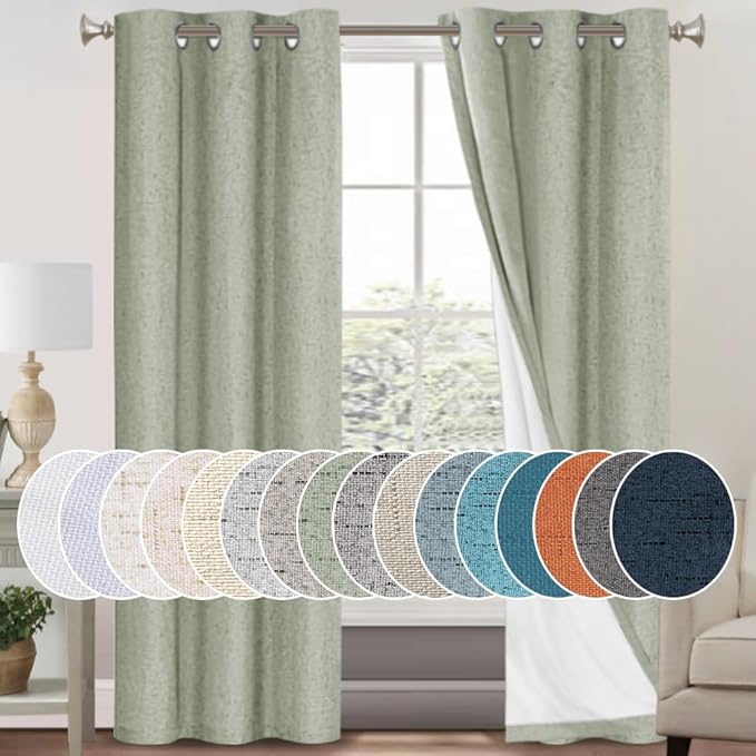 PrinceDeco 100% Blackout Curtains 84 inches Long for Bedroom Linen Texture Blackout Curtains for Living Room Solid Window Treatment Drapes with White Liner Grommet Room Darkening Curtains,Sage,2 Pack