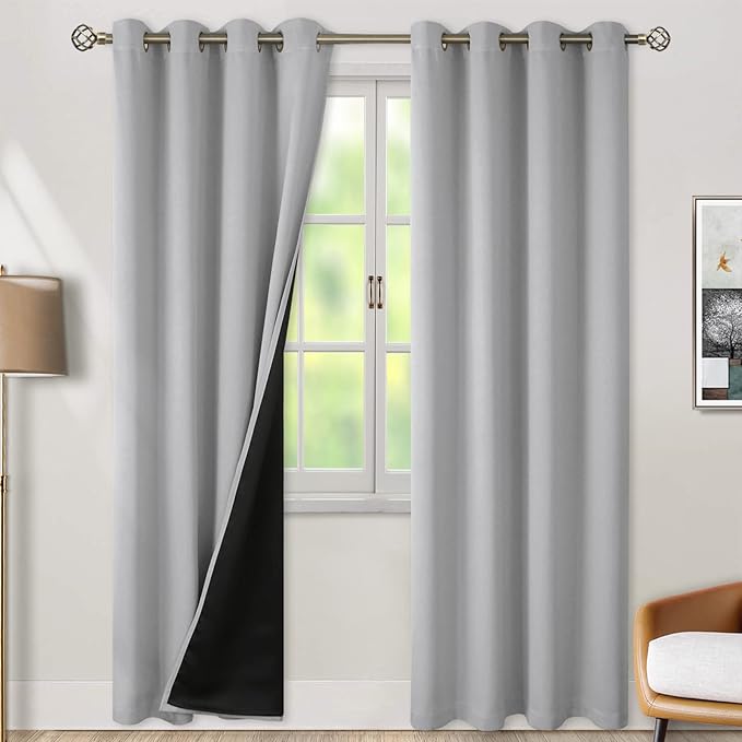 BGment Thermal Insulated 100% Blackout Curtains for Bedroom with Black Liner, Double Layer Full Room Darkening Noise Reducing Grommet Curtain (52 x 90 Inch, Light Grey, 2 Panels)