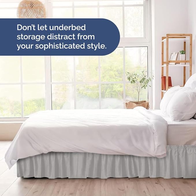 Wrap Around Dust Ruffle Bed Skirt - French Grey - for King Size Beds w/ 12 Inch Drop - Easy Fit Elastic Strap - Adjustable Pleated Bedskirt w/Brushed Fabric - Wrinkle Free, Women, Men, Kids & Teens
