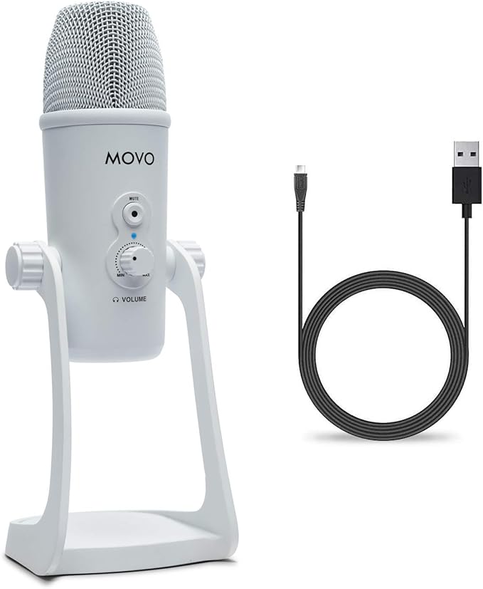 Movo UM700W White Desktop USB Microphone for Computer - Studio Mic with 4 Pickup Patterns - USB Gaming Microphone for PC, Mac, and Android - Best Mic for Podcast Recording and Streaming Setup
