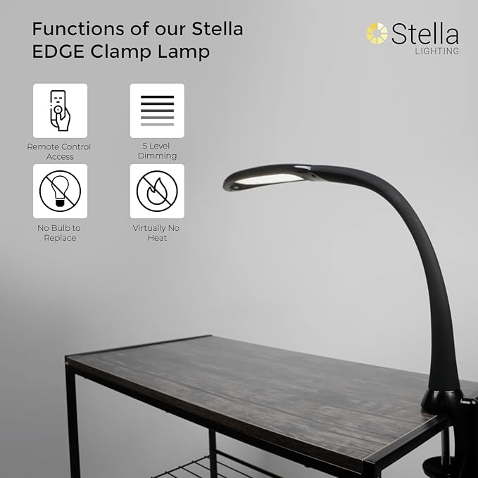 Stella Edge Premium 10W LED Desk Clamp Task Lamp-Black-Adjustable Dimmable Low Vision Natural Table Light - Bright Macular Degeneration Aid Lighting - Hobby, Crafting, Sewing, Artist, Reading, Office