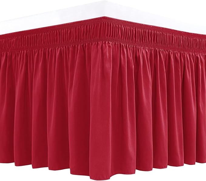 Biscaynebay Wrap Around Bed Skirts for Queen Beds 15" Drop, Red Adjustable Elastic Dust Ruffles Easy Fit Wrinkle & Fade Resistant Silky Luxurious Fabric Machine Washable