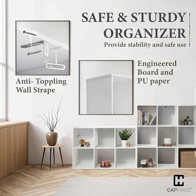 CAPHAUS Sturdy Room 11-Inch Cube Storage Organizer Shelf, with Thick Exterior Edge, Storage Shelf Divider w/Back, Bookcase, 9-Cube, White