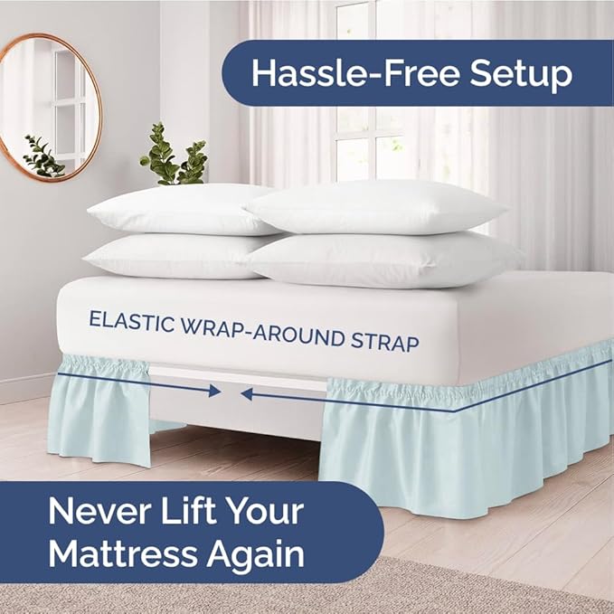 Wrap Around Dust Ruffle Bed Skirt - Ice Blue - for Full Size Beds w/ 12 Inch Drop - Easy Fit Elastic Strap - Adjustable Pleated Bedskirt w/Brushed Fabric - Wrinkle Free - for Women, Men, Kids & Teens