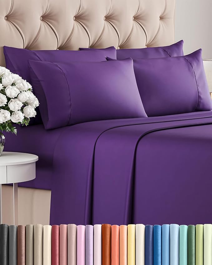 Full 6 Piece Sheet Set - Cooling, Comfy & Breathable - Hotel Luxury Bedding, Includes Fitted Sheet for Women, Men, Kids and Teens - 1 Flat, 1 Fitted Sheet, 4 Pillowcases with Deep Pockets - Purple