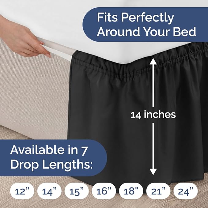 Wrap Around Dust Ruffle Bed Skirt - Black - for Twin Size Beds w/ 14 Inch Drop - Easy Fit Elastic Strap - Adjustable Pleated Bedskirt w/Brushed Fabric, Wrinkle & Fade Free Women, Men, Kids & Teens
