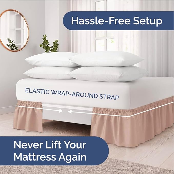 Wrap Around Dust Ruffle Bed Skirt - Mauve - for King Size Beds w/ 12 Inch Drop - Easy Fit Elastic Strap - Adjustable Pleated Bedskirt w/Brushed Fabric - Wrinkle Free - for Women, Men, Kids & Teens