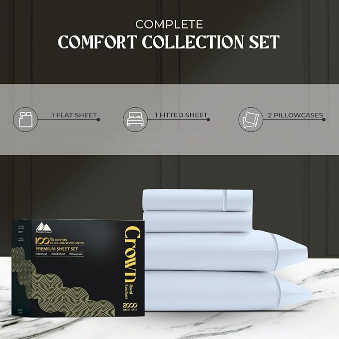 Mayfair Linen 100% Egyptian Cotton Queen Sheets Set - 2000 Series Luxury Sheets Queen Size Bed Set, Soft & Cooling, Sateen Weave 17" Extra Deep Pocket Hotel Collection Sheet (4 Pc, Light Blue)
