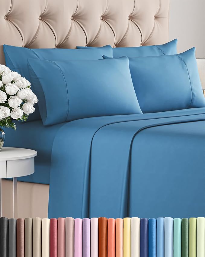 Full 6 Piece Sheet Set - Cooling, Comfy & Breathable - Hotel Luxury Bedding, Includes Fitted Sheet for Women, Men, Kids & Teens - 1 Flat, 1 Fitted Sheet, 4 Pillowcases with Deep Pockets - Denim Blue