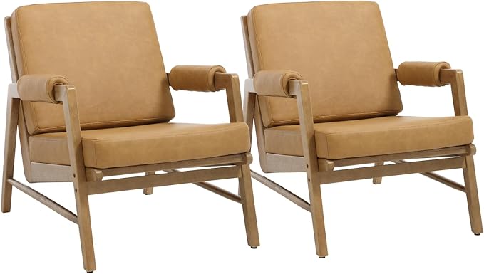 HEAH-YO Modern Accent Chair Set of 2, Upholstered PU Leather Living Room Chair with Wooden Frame, Comfy Armchair with Thick Cushion for Bedroom Balcony, Brown