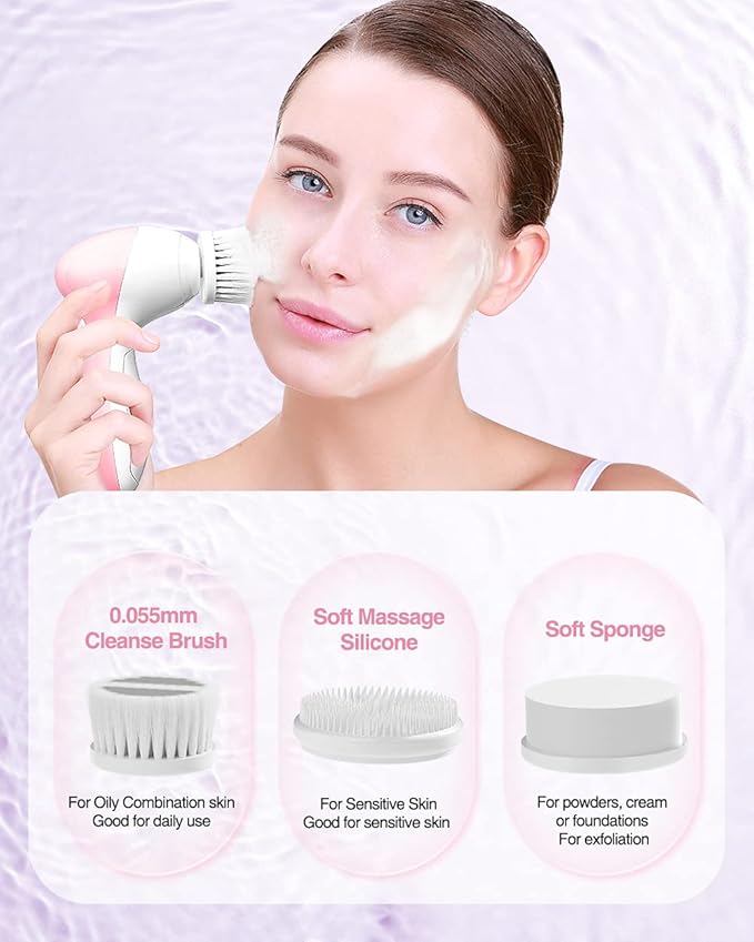 Electric Facial Cleansing Brush for Women, 3-in-1 Face Cleanser and Exfoliator Brush with 3 Brush Heads, 2 Speeds, Waterproof Spin Brush, Travel Size Case (Pink, Battery Operated)