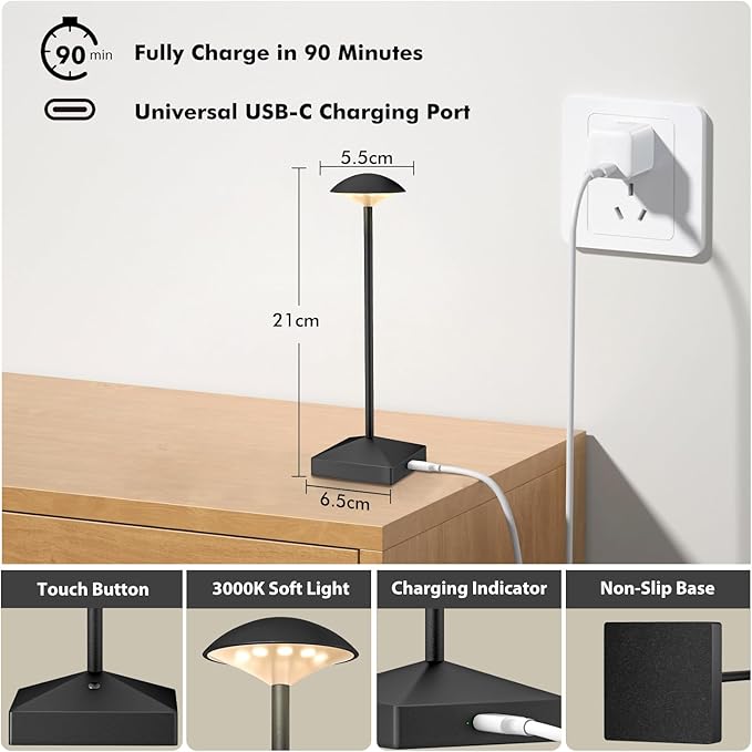 3 Pack 8.26in Black Small Cordless Table Lamps Rechargeable, Battery Operated Mini Lamp, Small Lamp Touch Portable Table Lights, LED Night Light for Bedside/Dining/Bar/Outdoor (Blcak-B)