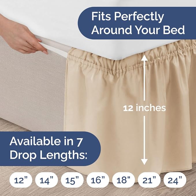 Wrap Around Dust Ruffle Bed Skirt - Cream - for King Size Beds with 12 Inch Drop - Easy Fit Elastic Strap - Adjustable Pleated Bedskirt w/Brushed Fabric - Wrinkle Free - for Women, Men, Kids & Teens