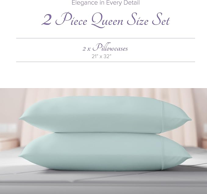 Carressa Linen 100% Egyptian Cotton Pillow Cases Queen Size Set of 2 - Luxury 600 Thread Count Sea Foam Standard/Queen Size Pillowcases, Silky Soft, Cooling Sateen Weave Hotel Quality Pillow Cover
